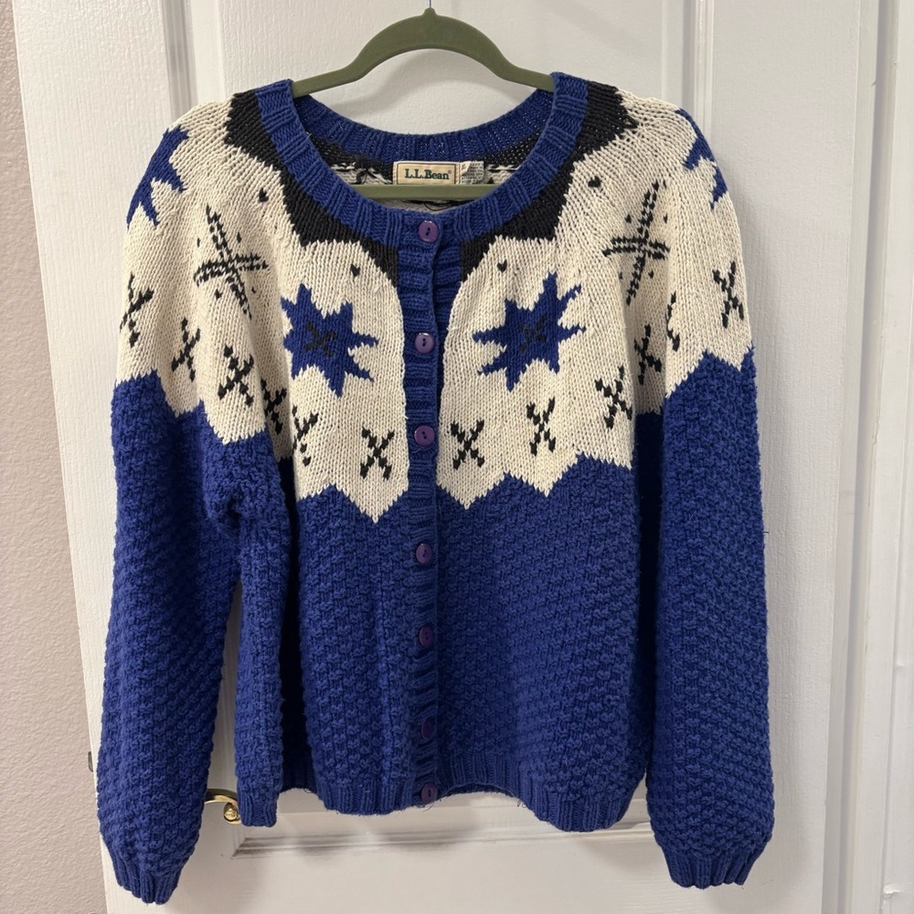 Vintage L.L. Bean Blue Violet and Cream Cardigan Ramie Cotton Sweater size XL